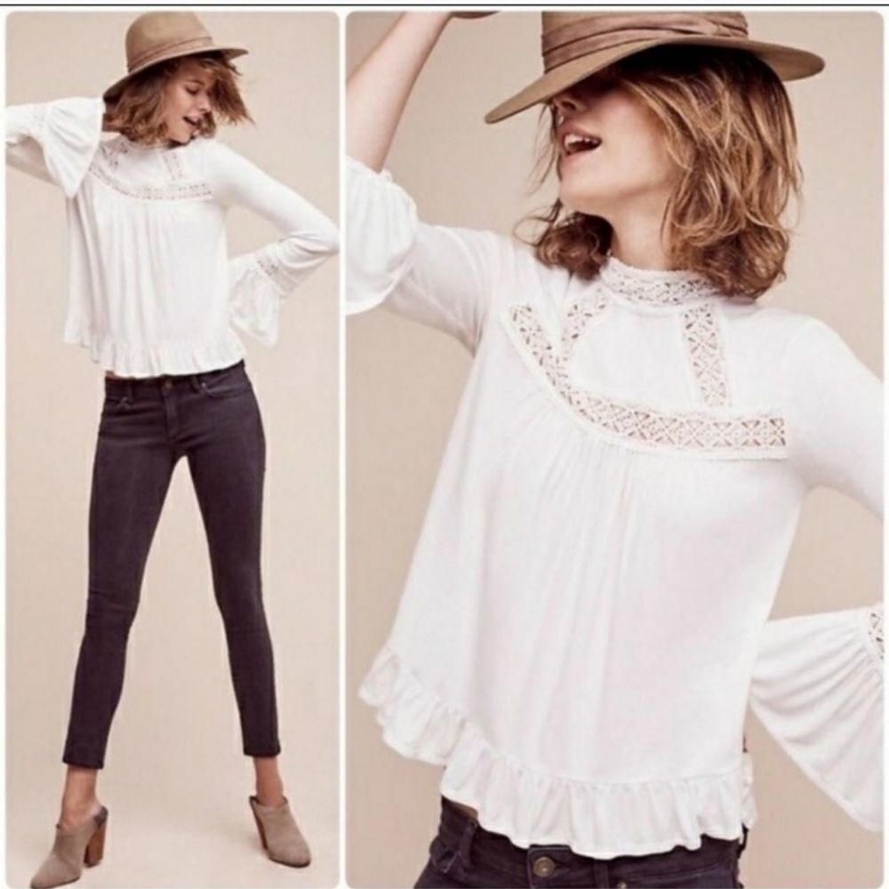 Anthropologie Eri + Ali Crochet Bell Sleeve Ruffle Swing Peasant Top XS